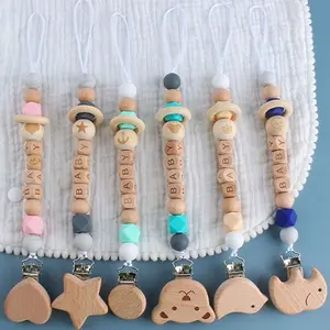 New Design Wooden Bead Infant Pacifier Clip BPA Free Baby Teether Clip Baby Pacifier Anti-lost Chain