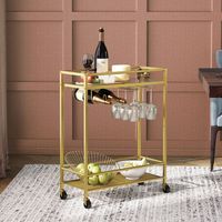 Chariot à bar doré à 2 niveaux avec roulettes, porte-verres et bouteilles, chariot de service pour salon, salle à manger, cuisine, avec poignée de poussée facile à assembler