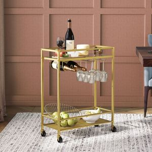 2-Tier <strong>Gold</strong> Bar <strong>Cart</strong> with Wheels Wine Glass Bottle Rack Living Dining Room Kitchen Trolley Easy Push Handle Assembly - Product Image 4