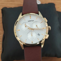 Valerius Jam Tangan Kuarsa Chronograph Pria Jam Tangan Bisnis Tahan Air 30M Tali Kulit Coklat Casing Emas Dial Putih