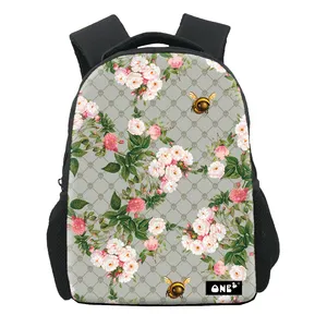 美丽的花朵和大蜜蜂设计印花书包女孩软手柄儿童书包带侧袋