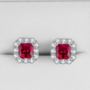 Fashion Statements Jewelry Eco-friendly Copper Silver Plated 7*7mm Red Zircon Geometric Square Earrings for Women - Product Image 5