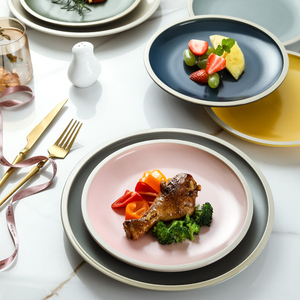 Service de vaisselle en céramique émaillée de couleur <span class=keywords><strong>pastel</strong></span> nordique, vaisselle en porcelaine ronde avec bord blanc, plats pour gâteaux, pâtes, steak - Product Image 2