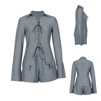 324 vente chaude décontracté mode tenue femmes deux pièces Shorts ensemble rayé à manches longues à lacets chemises Shorts ensemble pour les femmes