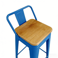 Tabouret de bar industriel bleu sans accoudoirs, chaises de bar en métal avec hauteur d'assise de 65 cm, tabourets de bar pour comptoir de cuisine avec siège en bois