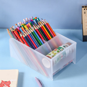 Transparent Slanted Pen Holder Storage Box 9 Grids Plastic Stationery Organizer For Pencils Markers Art Supplies Student Desk - Product Image 3