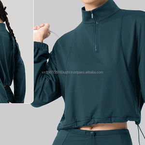 Top de yoga de manga larga con media cremallera para mujer, con dobladillo con cordón, forro polar fino, top deportivo cálido, ropa informal holgada para fitness - Product Image 1
