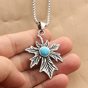 yunnique Stainless Steel Turquoise Pendant Necklace Men's Plant Shape Retro Geometric Design Bezel Setting Fashion Jewelry - Product Image 4