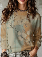 Pull en tricot pour femme à imprimé floral et motifs linéaires, col rond, manches longues, color block, décontracté, kaki