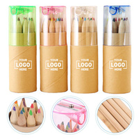 Ensemble de crayons de couleur en bois naturel personnalisés, cadeaux promotionnels scolaires, boîte en papier kraft, 12 couleurs, mini ensemble de crayons à dessin avec taille-crayon