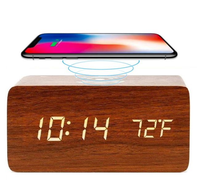 LED Electric Alarm Clock with Wireless Charging Date Display Wooden Thermometer Table Top Digital Clock for Living Room Use