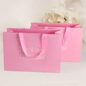 Custom Logo Printed Luxury Pink Wedding Gift Packaging Shopping Paper Bag With Ribbon and Handle for Small Business