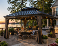 Gazebo Metálico Permanente con Estructura de Aluminio y Techo Rígido, con Cortinas de Privacidad y Mosquitera