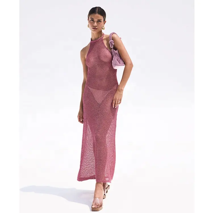 Women Sexy Mesh Beach Dress Sheer Long Cover Up Knitted Glitter Tunic Female Swimsuit Bikini Sarong Swimwear Sling Dress