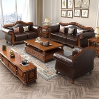 Ensemble de Canapés Européens Classiques en Bois Massif et Cuir Véritable de Luxe 1 2 3 Places, pour Salon, Maison et Hôtel (Vente en Gros)