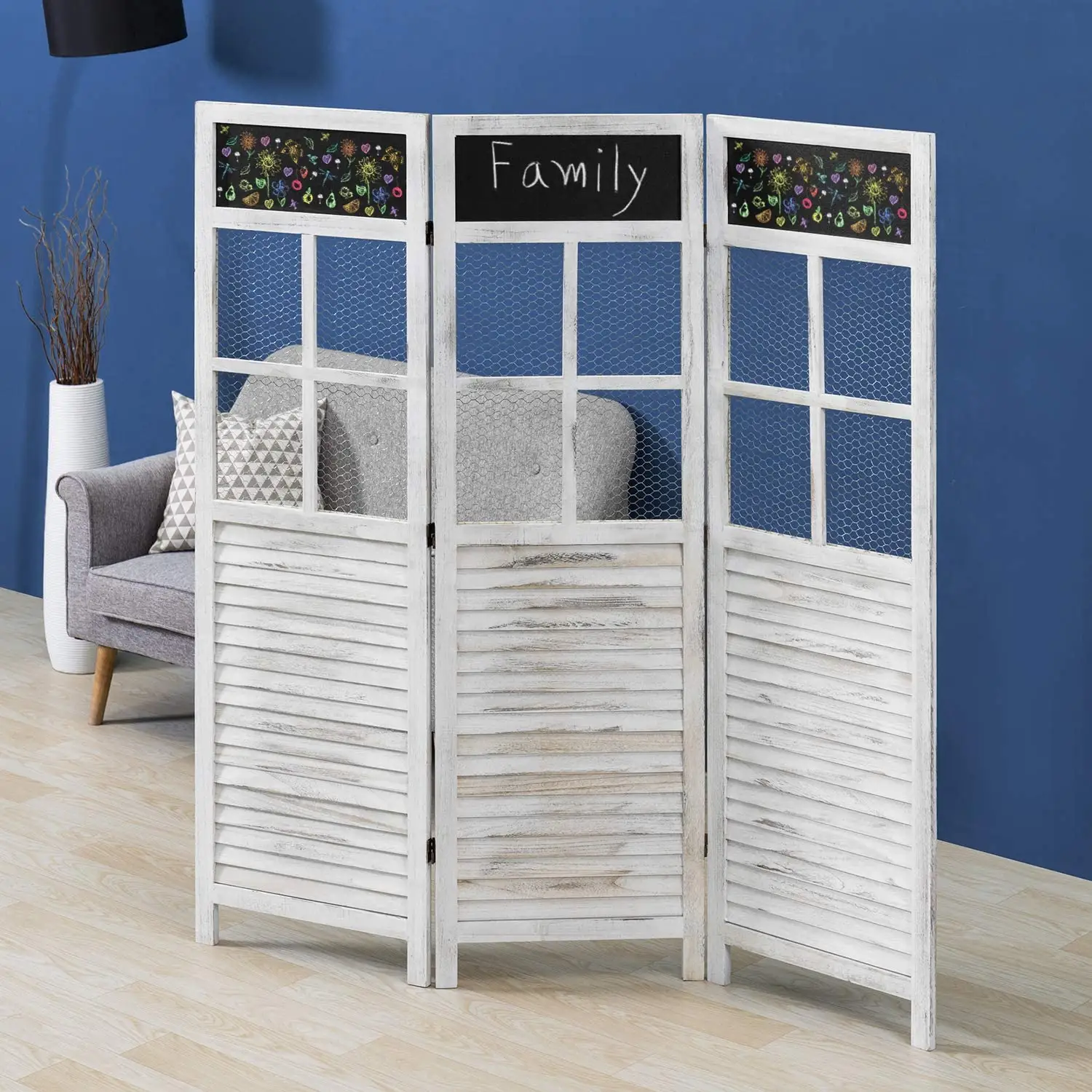 3-Panel Vintage White Distressed Louvered Raumteiler mit Hühner <span class=keywords><strong>draht</strong></span> & Tafel Panels