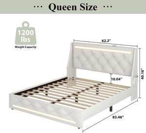 <b>Queen</b> <b>Size</b> Storage <b>Bed</b> Frame LED Lights Charging Station Modern Upholstered Platform <b>Bed</b> Diamond Headboard for Apartment Use - Product Image 6