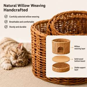 Casa para Mascotas Tejida de Mimbre Natural, Plataforma Superior Abierta, Zona Privada Inferior, <span class=keywords><strong>Cueva</strong></span> Transpirable para Gatos - Product Image 2