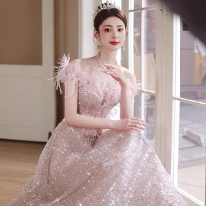 Off-The-Shoulder Sequined Evening Gown Empire Waistline 3D Stereoscopic Patterns For Coming-Of-Age Ceremony - Product Image 4