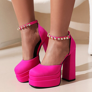 Sandales d'été pour femmes à talons épais et plateforme, bout carré, avec diamants et bride de cheville, pour soirées, grande taille 48 - Product Image 1