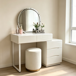 Tocador de maquillaje minimalista moderno con espejo ovalado iluminado y cajones de almacenamiento, mesa de tocador para dormitorio con taburete. - Product Image 2