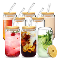 Verre en borosilicate en forme de canette de 550 ml (18 oz) avec couvercle en bambou et paille, verre à bière en forme de canette, gobelet en verre en forme de canette
