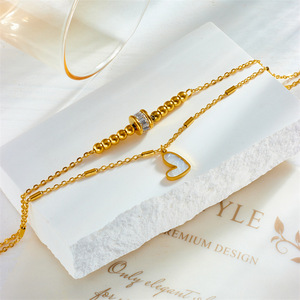 Chevillères assorties pour femmes, style français, double couche, avec coquille blanche souple en forme de cœur et perles en forme de barillet en cristal, pour la plage, en acier inoxydable, vente en gros - Product Image 4