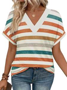 2026 European American for New Women's <b>Clothing</b> Pattern Casual V-neck Striped Multicolor Short Sleeve Loose Polyester Hot - Product Image 2