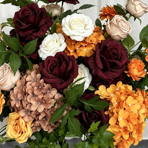 Rosas y Hortensias Artificiales de Seda en Color Naranja Quemado y Borgoña Realistas para Decoraciones de Bodas y Regreso a Clases - Product Image 4