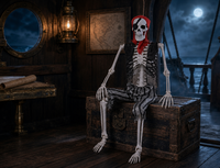 Squelette de pirate d'Halloween SIPKLR 165 cm, taille réelle, articulations mobiles, squelette humain en plastique, décoration, bandana rouge, cache-œil