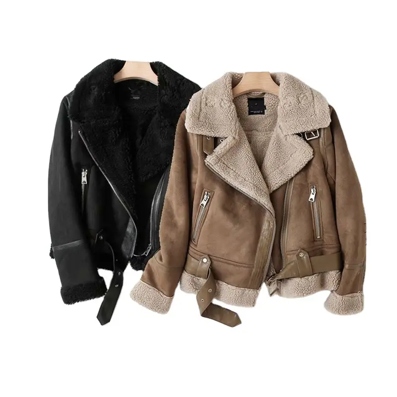 Winter Women Thick Warm Suede Lamb Jacket Short Motorcycle Brown Coats Faux Shearling Sheepskin Leather Jackets Outwear