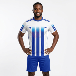 Conjunto de Camiseta de Fútbol para Hombre, Blanca con Rayas Azules, Manga Corta, Cuello Redondo, Absorbe la Humedad, para Todas las Temporadas, Impresión Sublimada, Corte Regular - Product Image 1