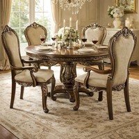 Ensemble de table à manger en bois massif brun moyen de style américain classique avec 6 chaises rembourrées beiges pour la maison
