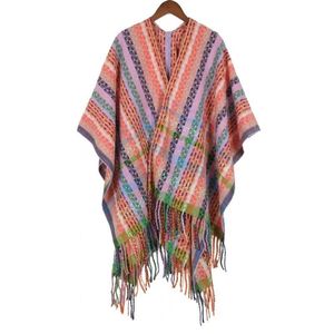 NOUVEAU 2025 Cape Poncho Châle pour Femme en Acrylique Tricoté Style Chinois Rétro <span class=keywords><strong>Ethnique</strong></span>, à Franges, Chaud, Motif Carreaux, pour l'Hiver et les Voyages - Product Image 2
