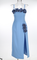 Robe fourreau mi-longue fendue taille haute à col licou et bretelles roses en 3D CA2059 pour soirée mondaine et occasions formelles