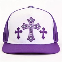 Casquette Trucker à Strass Croix, Bloc de Couleurs, Dos en Maille, Snapback, Logo Personnalisé, Accessoire de Tête