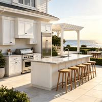 Cuisine extérieure moderne style Hamptons, armoire de cuisine résistante aux UV et au sel, îlot BBQ blanc Shaker, évier, robinet et charnières durables
