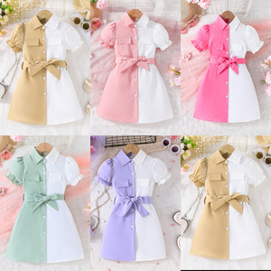 Gaun Katun Warna Solid Lengan Pendek Tipis Motif Patchwork dengan Pita untuk Anak Perempuan Usia 6 hingga 14 Tahun - Product Image 2