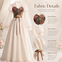 Robe longue à manches bouffantes et motif floral, style corset, couleur pastel, pour uniforme de travail, fête de jardin, mariage, banquet, hôtesse, personnel, personnalisable