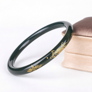 Brazalete de Jade Verde con Patrón Floral para Mujer, Pulsera Redonda Plana, Joyería de Regalo, LO MEJOR - Product Image 1