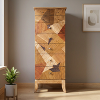 Buffet en bois massif de style mid-century modern avec incrustations géométriques, 5 tiroirs, meuble de rangement pour salon
