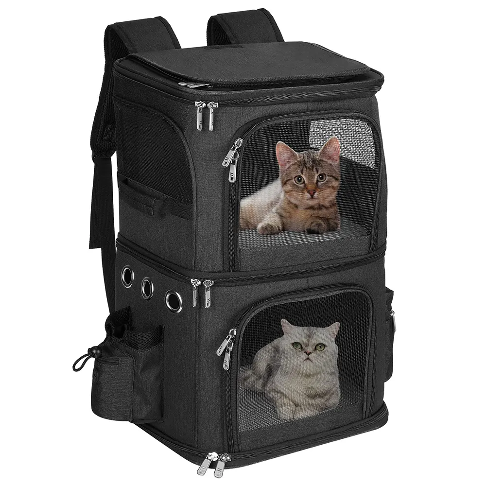 Dual Compartment Design Black Travel Small 2 Cats Dogs Double-Compartment Pet Carrier Backpack for Traveling Hiking Camping