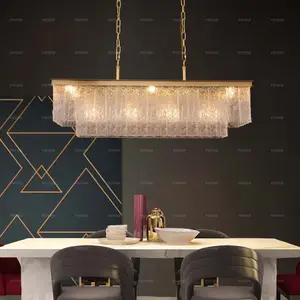 Villa Kitchen Dining Table Cheap Gold Luxury Modern Rectangle Chandelier Ceiling Hanging Glass Lighting