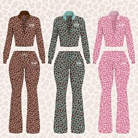 Nouvel ensemble pour femmes, imprimé léopard, haut sportif à blocs de couleur et pantalon évasé, ensemble 2 pièces pour femmes