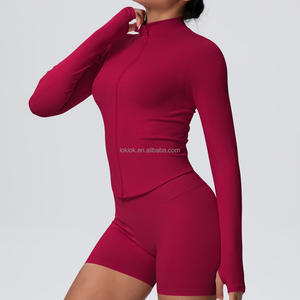 Veste de sport pour femme, fitness, course à pied, haut de yoga sans couture, trous pour les pouces, manches longues extensibles, coupe ajustée, coupe ajustée, coupe skinny, fermeture éclair - Product Image 3