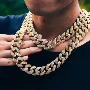 7Inch - 30Inch 15mm Miami Atlanta Hip Hop 18K Gold Cuban Link Chain Gorgeous Zircon Diamond Copper Thick Chunky Necklace
