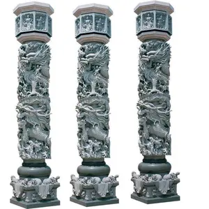 Chinese Outdoor Garden Gate Decorative Design Natural Granite Stone Carved Dragon Relief Pillar Columns Carvings Sculpture