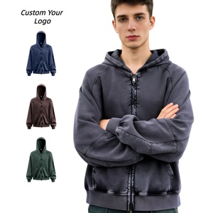 Sudadera con Capucha de Felpa Francesa Gruesa de 420 g/m², Lavada, Estilo Vintage, Negra, con Cierre Completo, para Hombre, Estilo Urbano, de Proveedor de Moda - Product Image 1