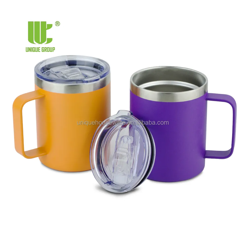 Durable Powder Coated Stainless Steel Double Wall Vacuum Insulated Travel Coffee Mugs Tumbler Cups with Lid and Handle