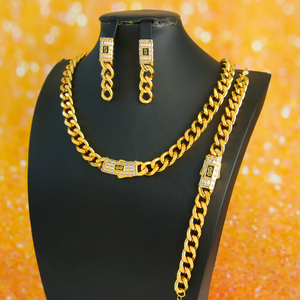 Hot Selling Italian Hip Hop Style Cuban Link Chains Jewelry Set 21k Gold Plated Cubic Zirconia Necklace 3pcs Set for Women Men - Product Image 4